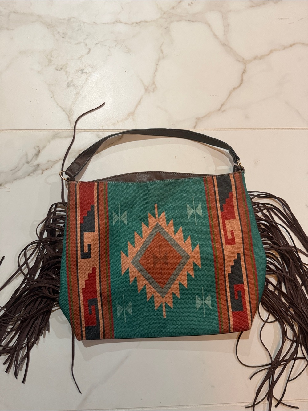 Boho Fringe Aztec Tote Bag in Teal and Brown